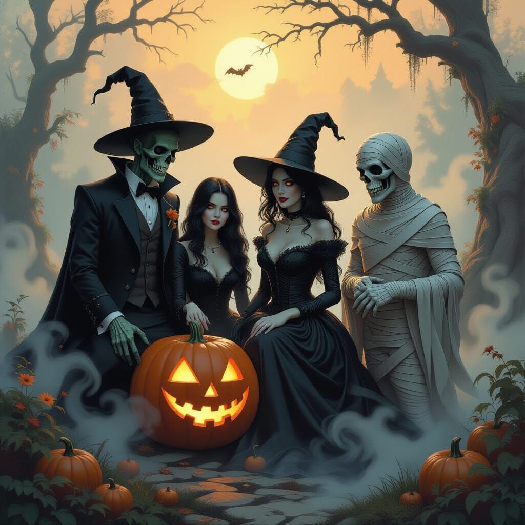 Halloween Celebration with Zombie, Vampire, Witch and Mummy