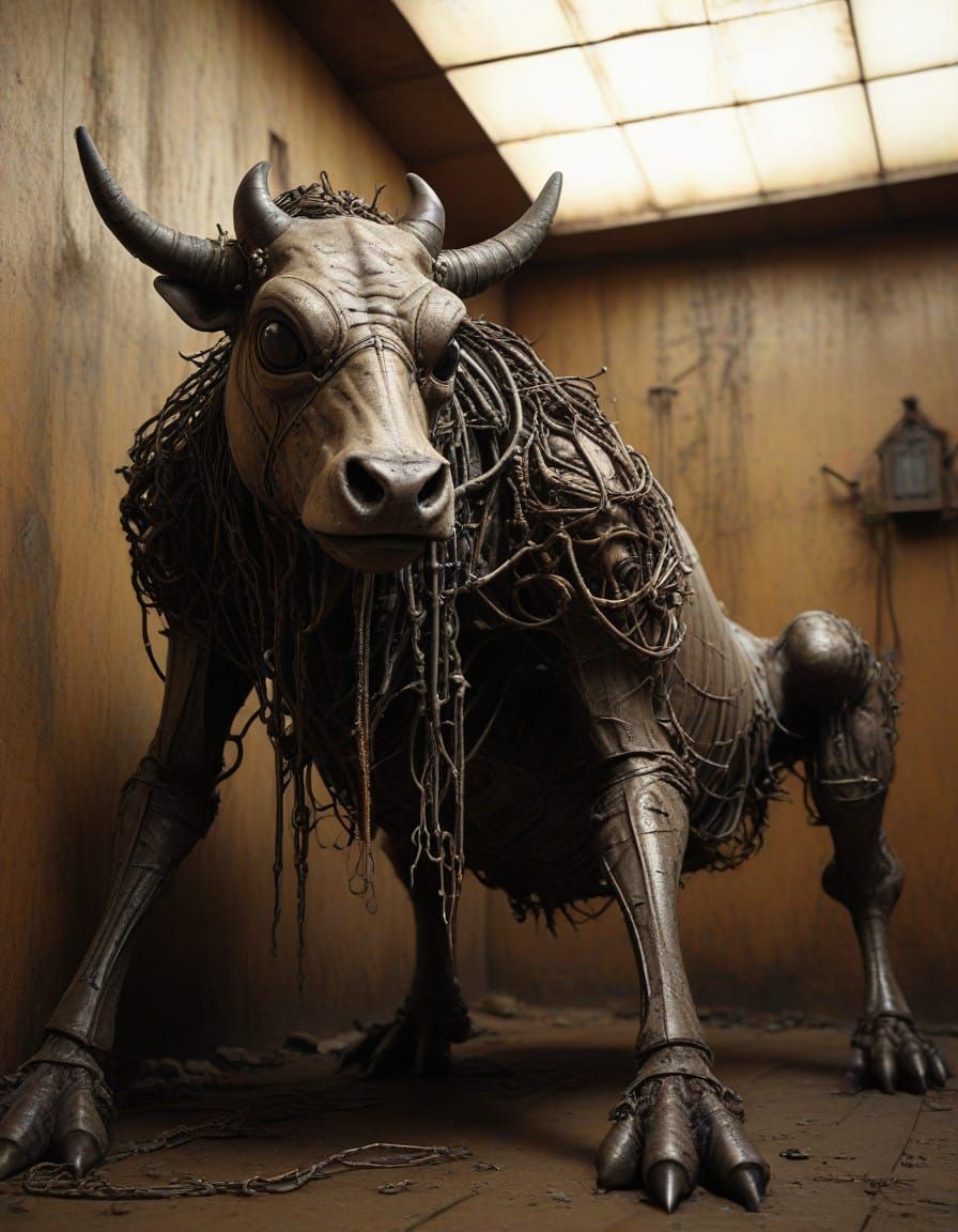 Surreal Biomechanical Cow Feeds Radioactive Milk