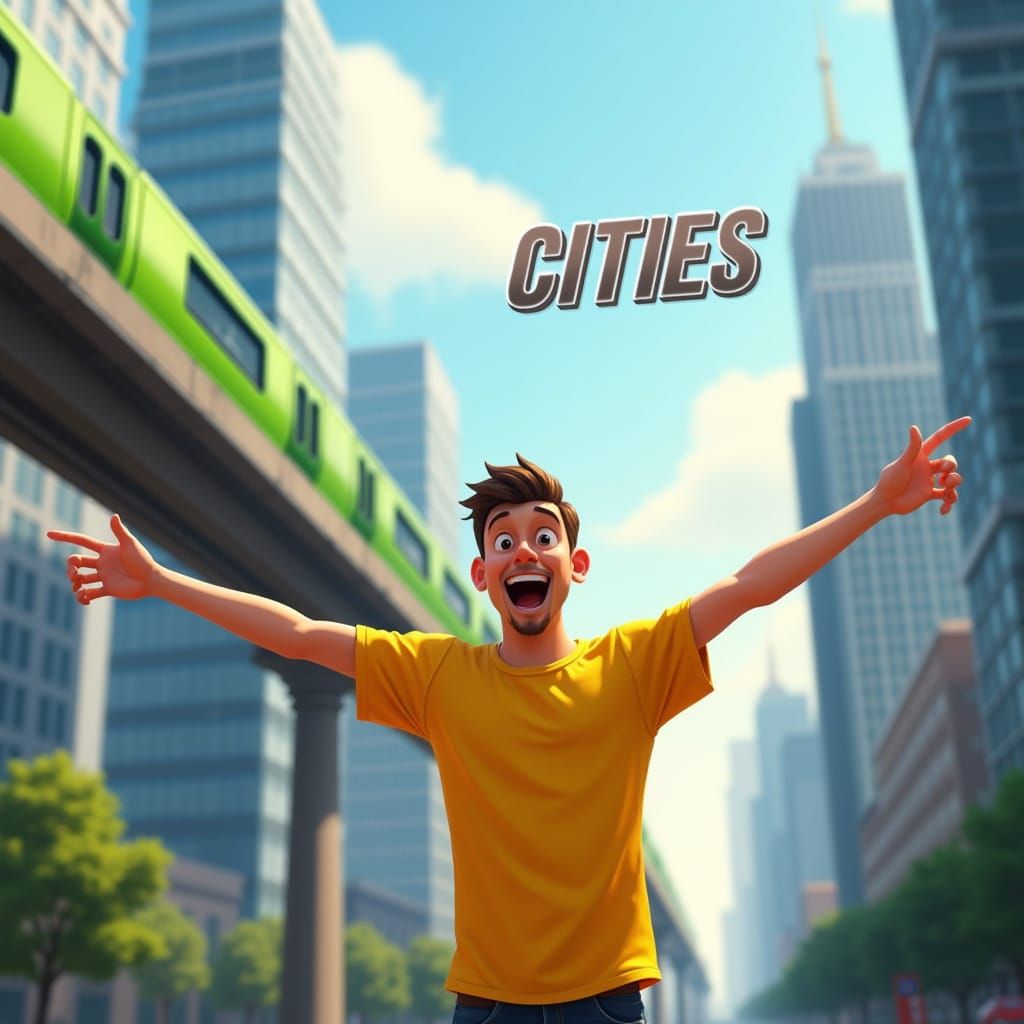 Joyful YouTuber in Futuristic Cityscape