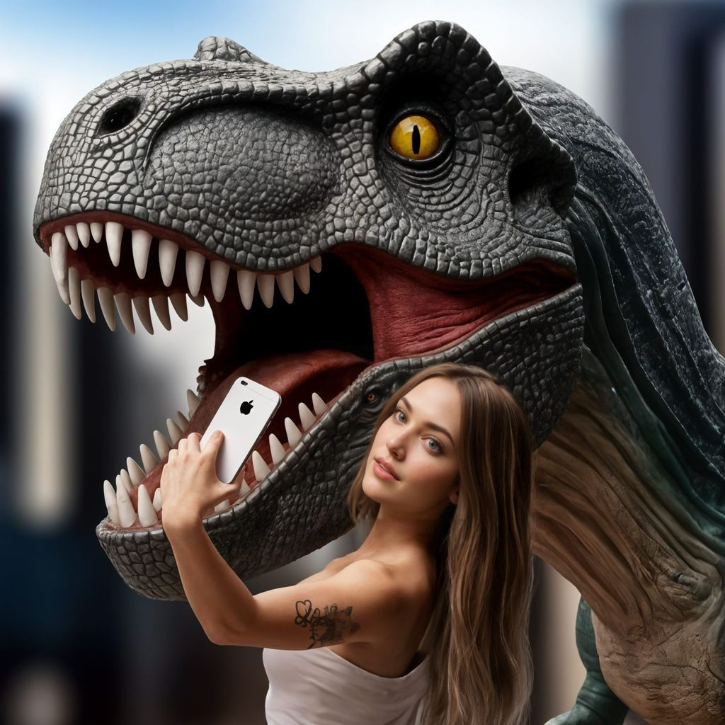 Portrait of a Young Woman Posing with a Majestic T-Rex in a ...