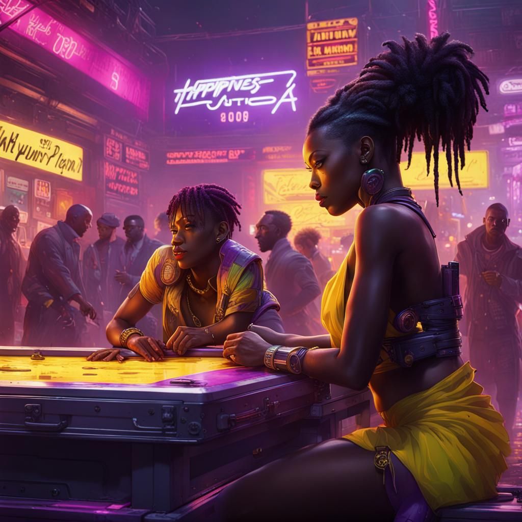 Vibrant Afrofuturist Pool Party in Cyberpunk Style