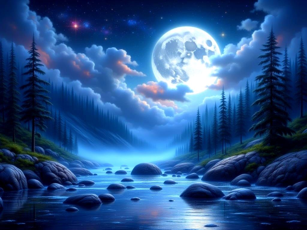 Cosmic River Dreamscape with Giant Moon