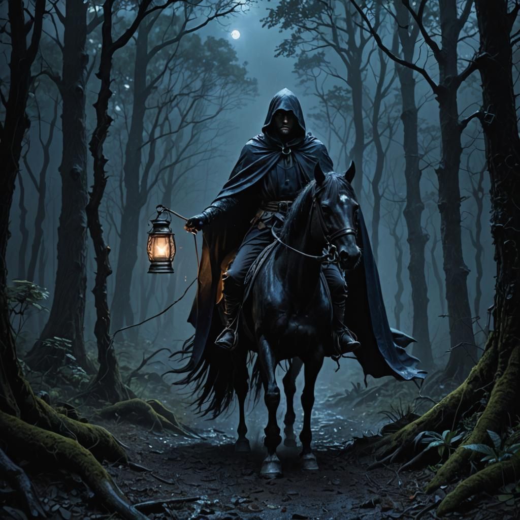 Cloaked Horseman in Dark Forest with Lantern
