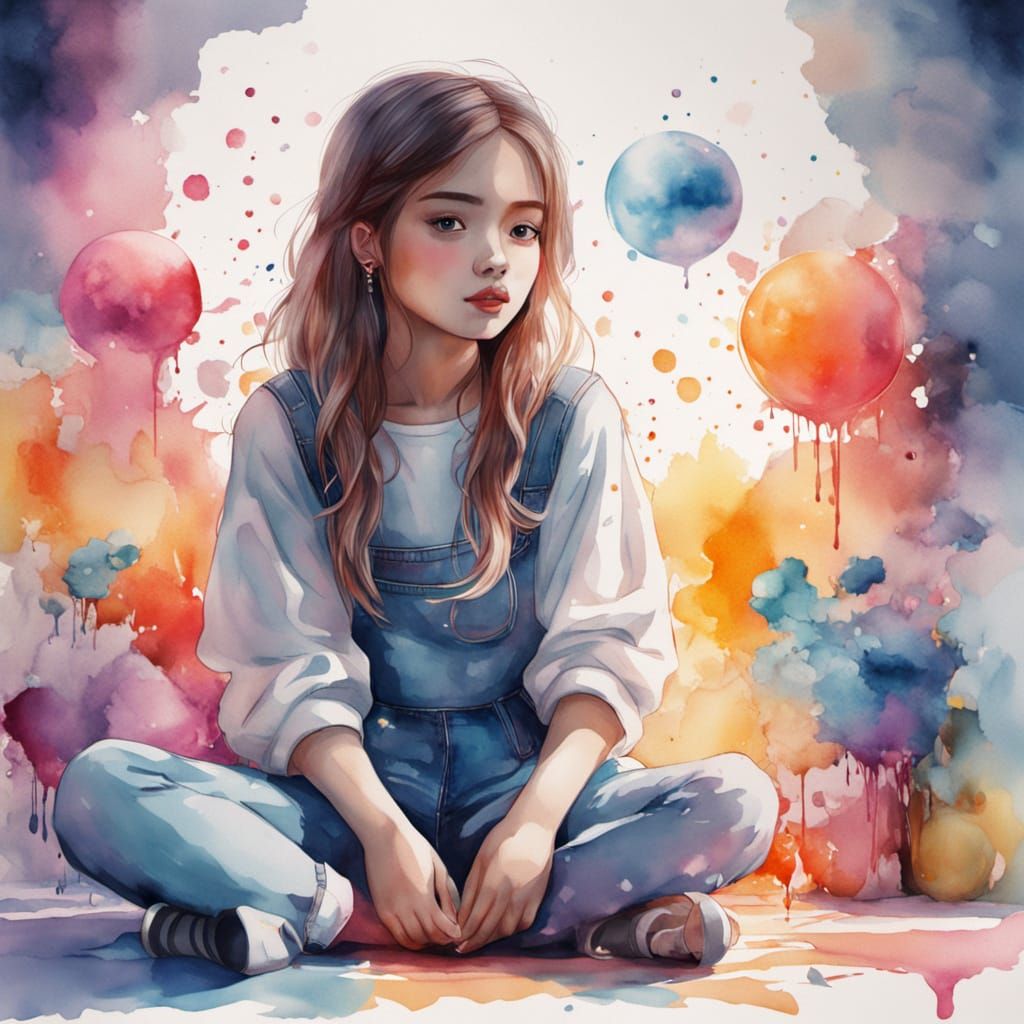 Girl in Liminal Space as Watercolor Splash Art