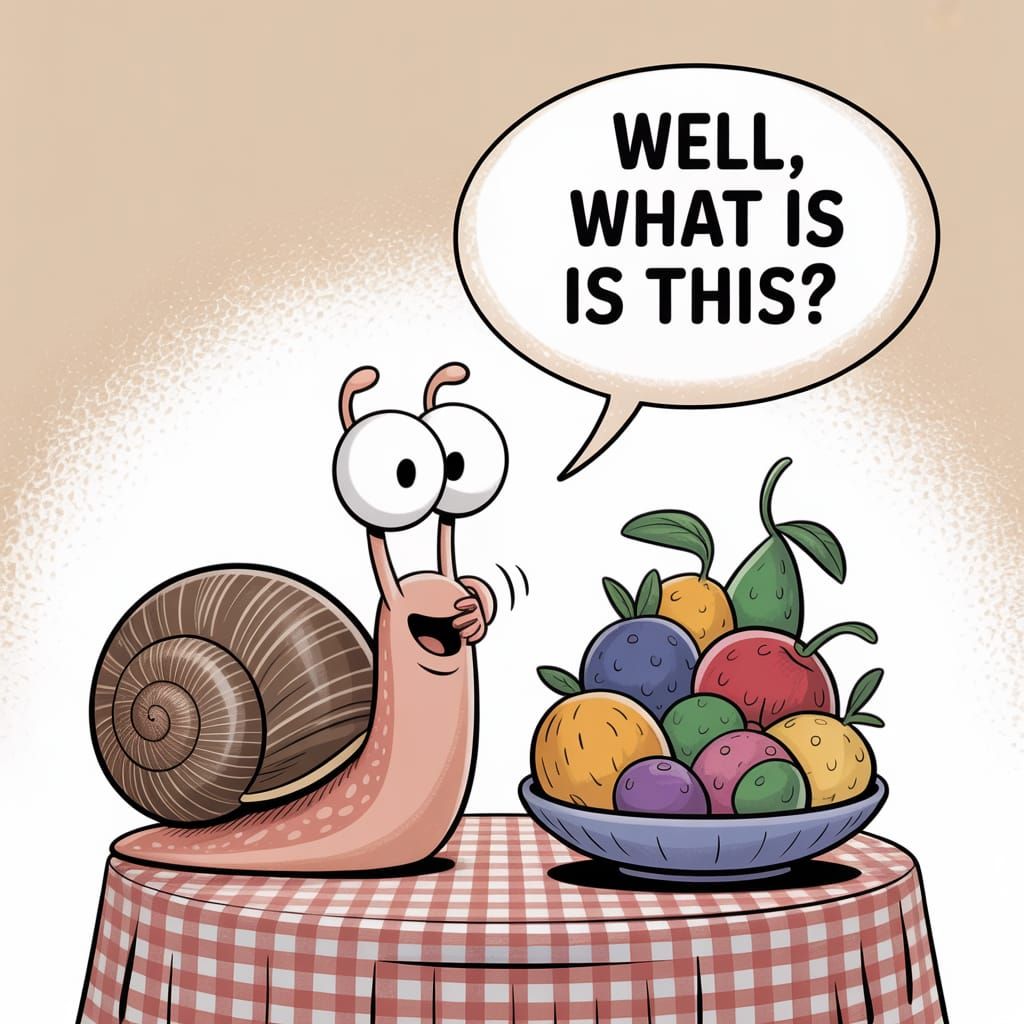 Cartoon Snail Wonders About Strange Fruits