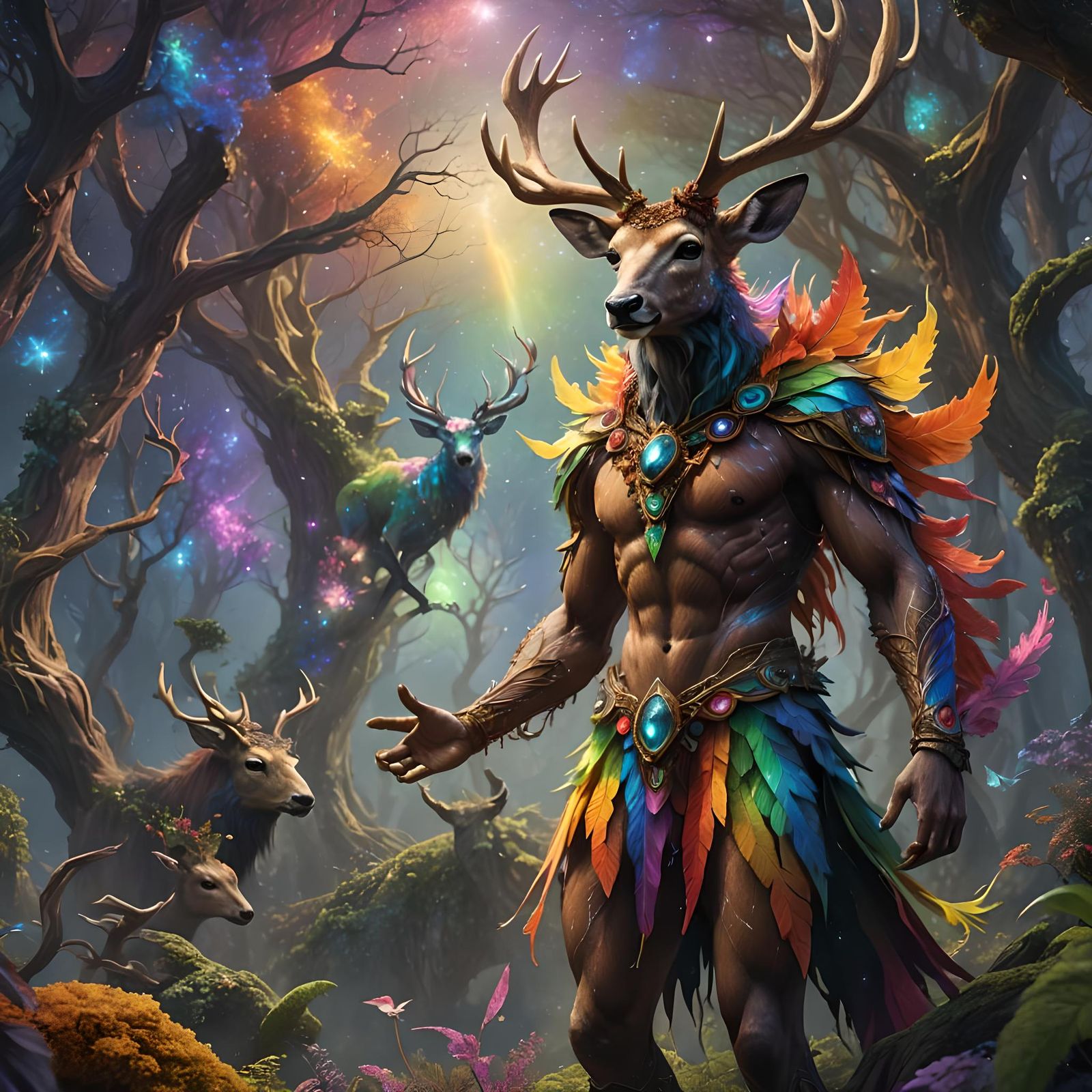 Rainbow Fairy-Deer in Fractal Space, Detailed Digital Art