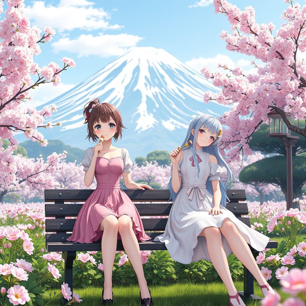 Anime Women Eating Ice Cream in Blossom Garden