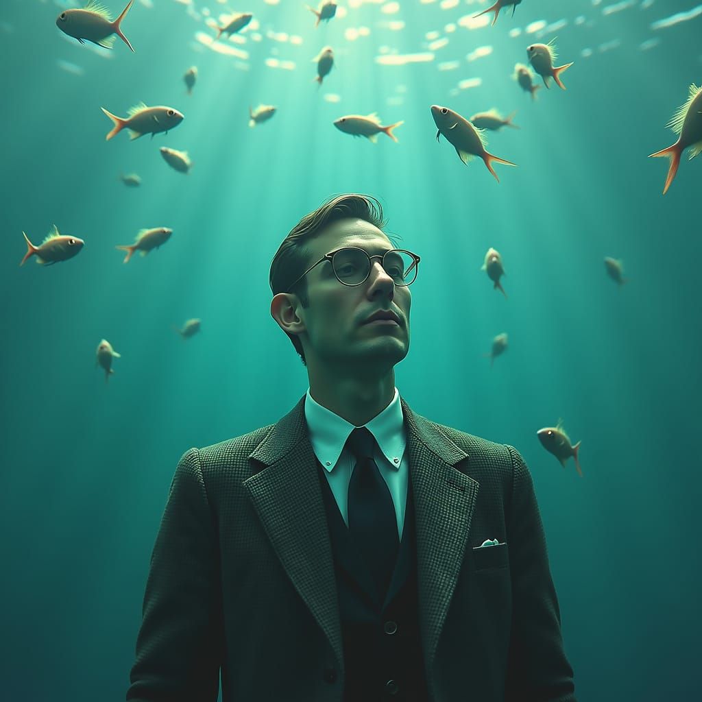 Man Sinking in Turquoise Sea, Dreamlike Illustration