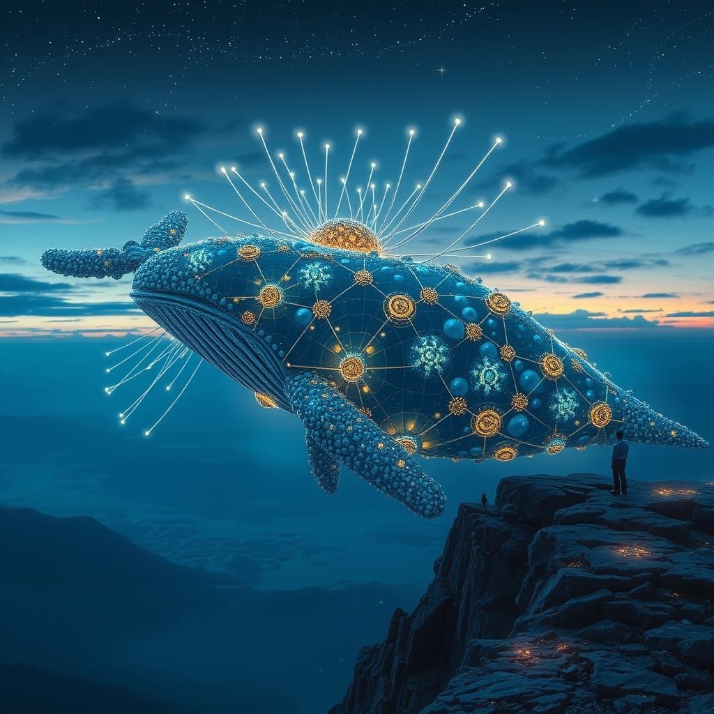 Colossal Satellite Whale in Twilight Sky