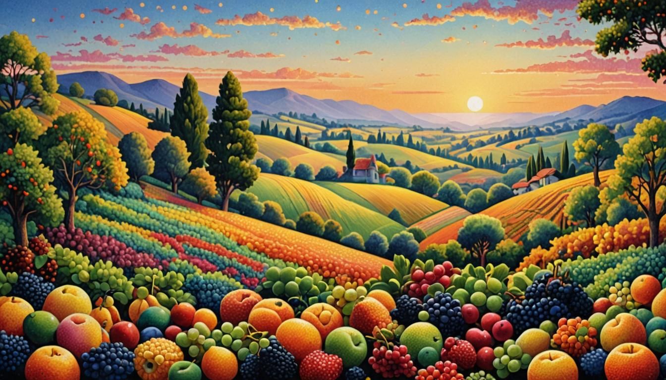 Pointillist Sunset Over Tranquil Countryside