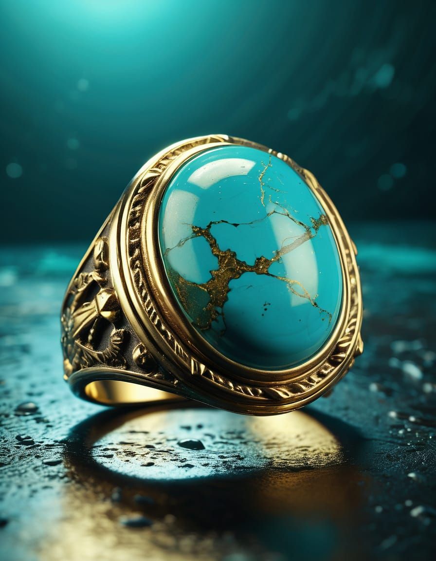 Turquoise Stone Gold Ring in Hyperrealistic Splash Art