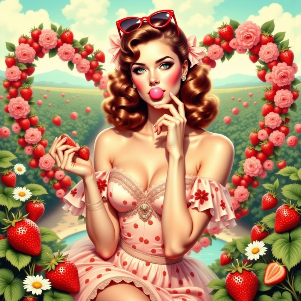 Whimsical Strawberry Sweetie in Retro Diner Pinup Style