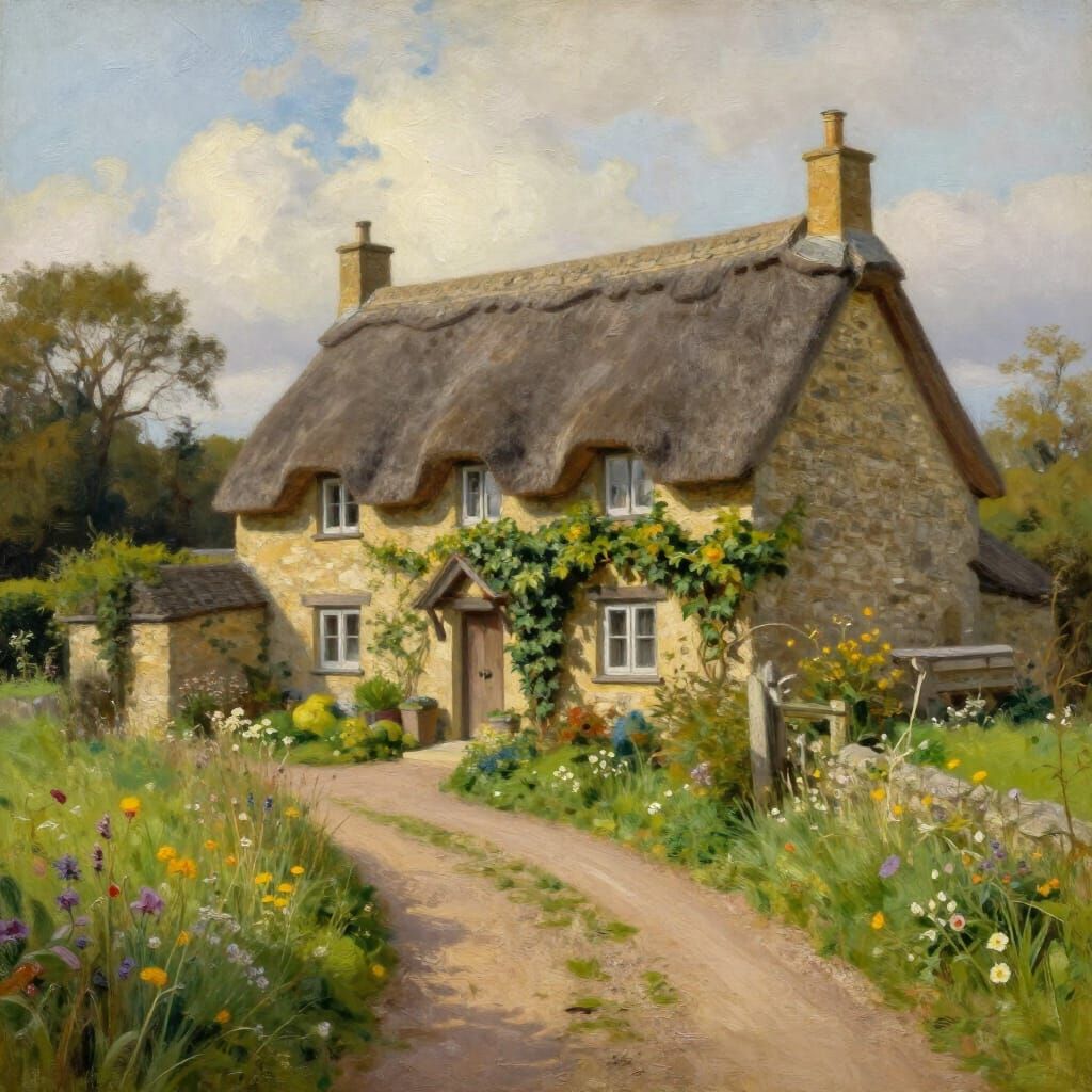 Charming Stone Cottage in Rolling Fields Oil Painting