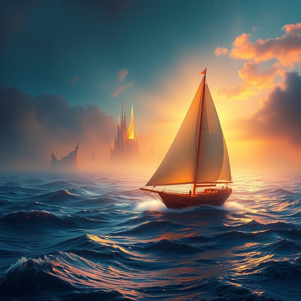 Ethereal Ocean Sailboat Scene in Vibrant Colors