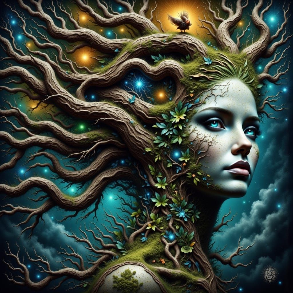 Mystic Gaia Goddess Carved From Stone Amidst Gothic Tree