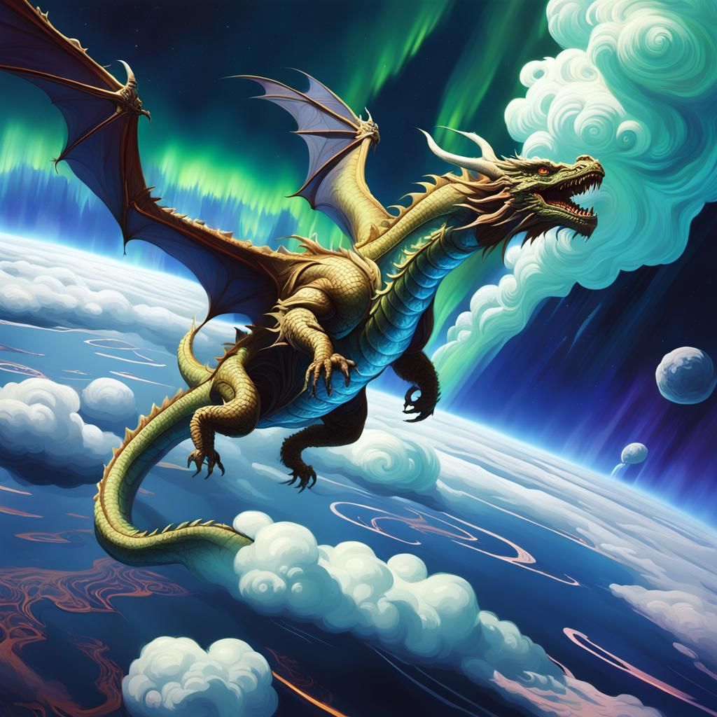 Majestic Dragon Soaring Through Aurora Borealis
