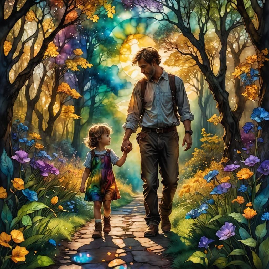 Child and Father Walking: Stained Glass Style