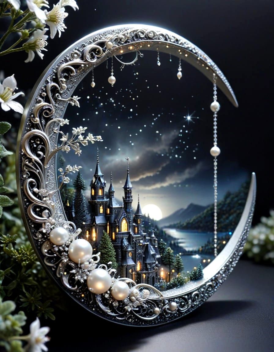 Silver Moon Cityscape with Pearls and Diamonds