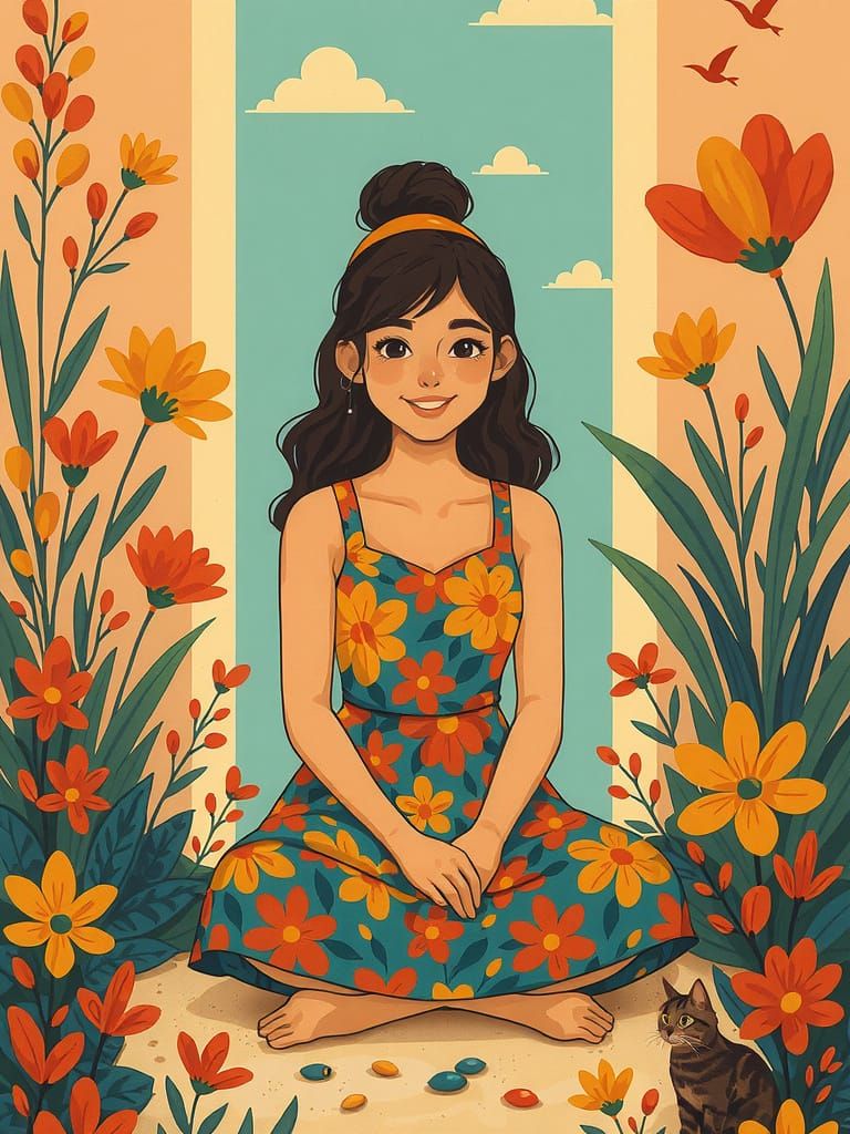 Girl in Floral Dress Surrounded by Flowers
