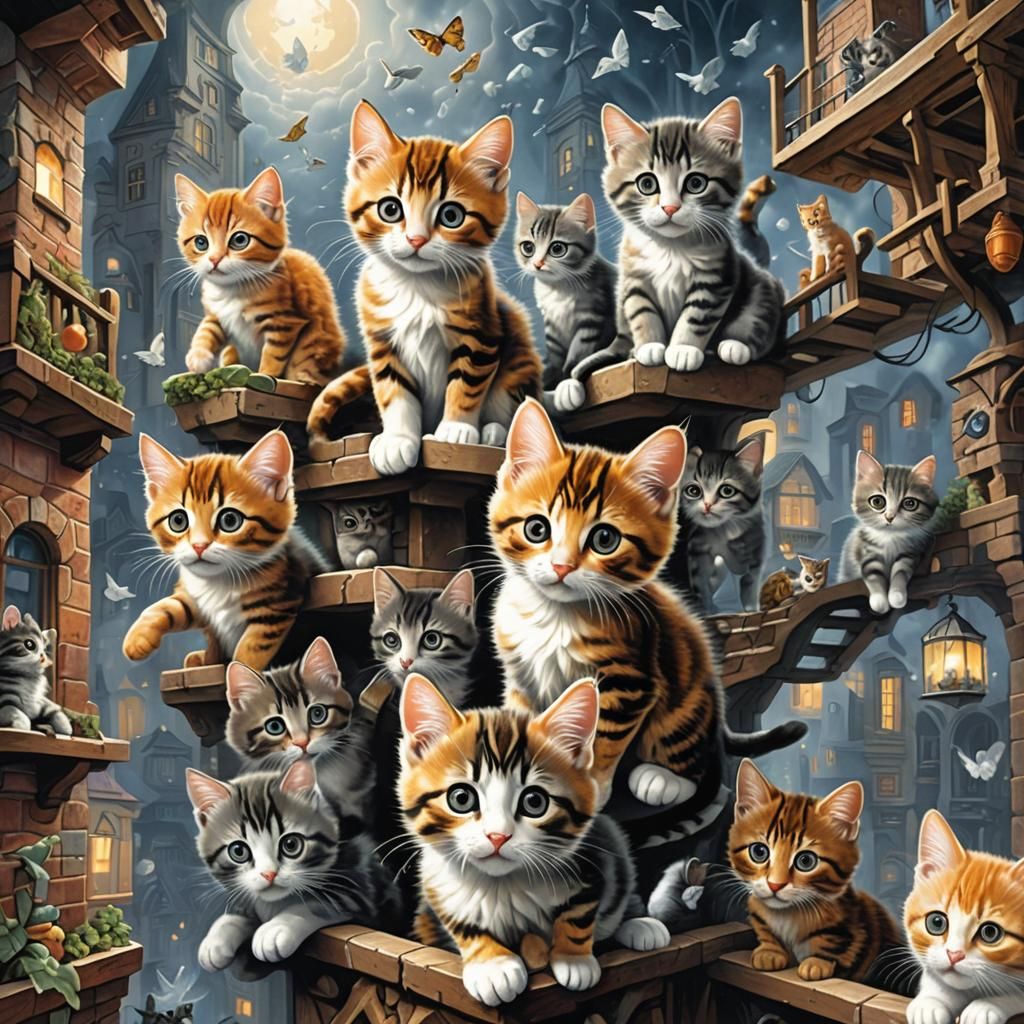 Kittens in an Escher-Inspired Dreamscape