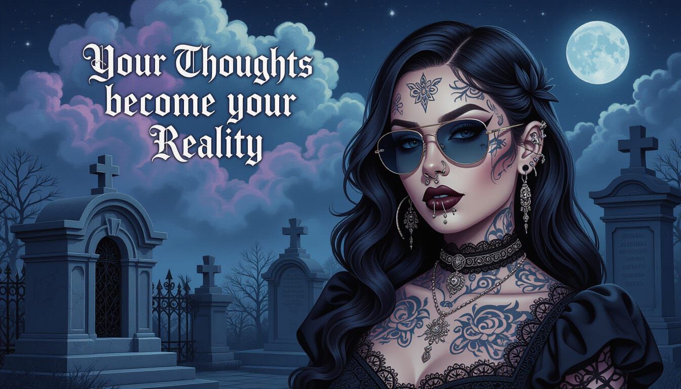 Goth Woman with Tattoos and Aviators Gazes Directly