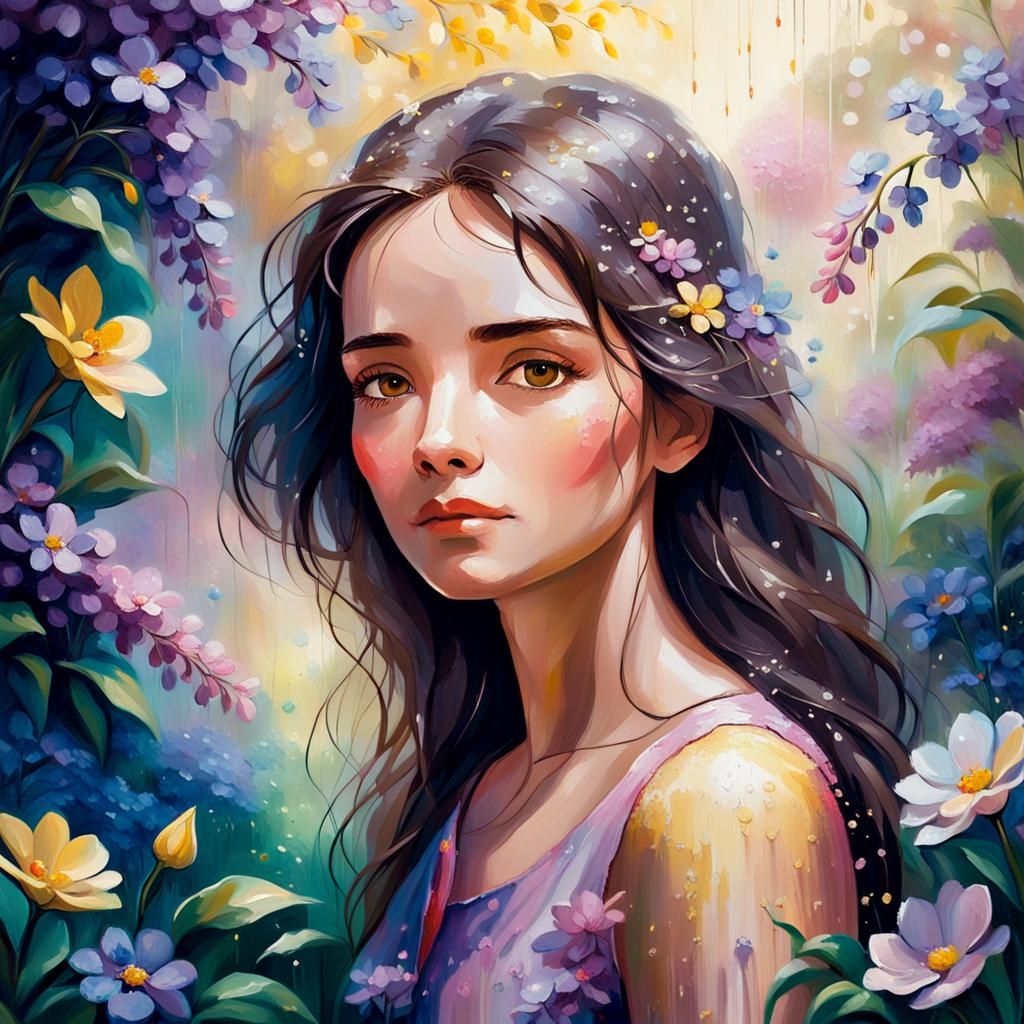 Brunette in Lush Garden: Impressionist Oil Painting