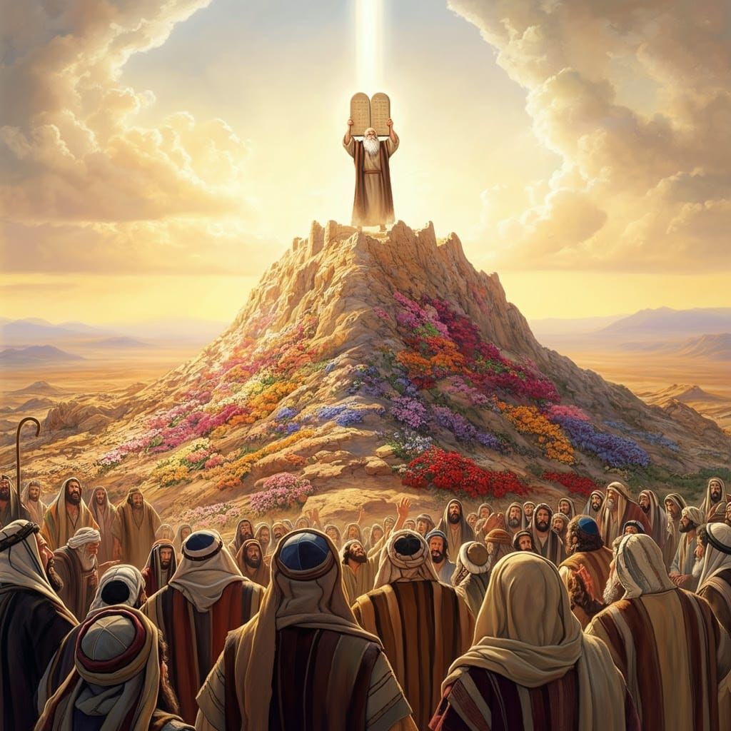 Biblical Scene of Mount Sinai's Vibrant Flower-Covered Summi...