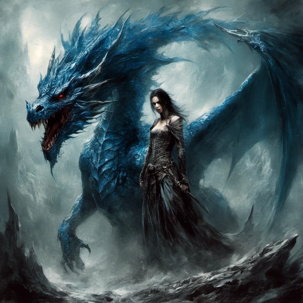 Blue Dragon in Dark Fantasy Art Style