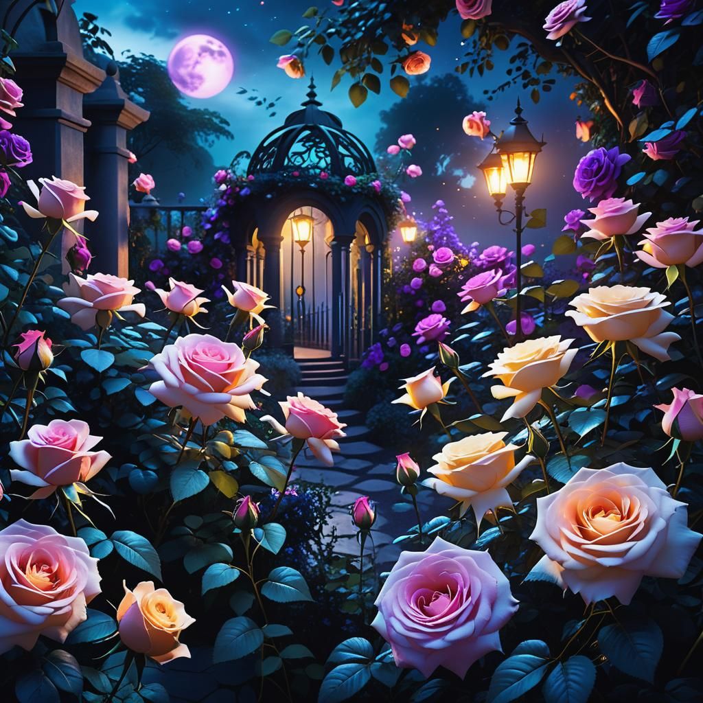 Glowing Roses in a Fantastical Nocturnal Garden