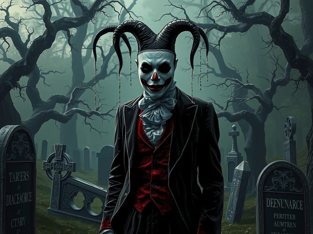 Mourning Harlequin in a Gothic Graveyard