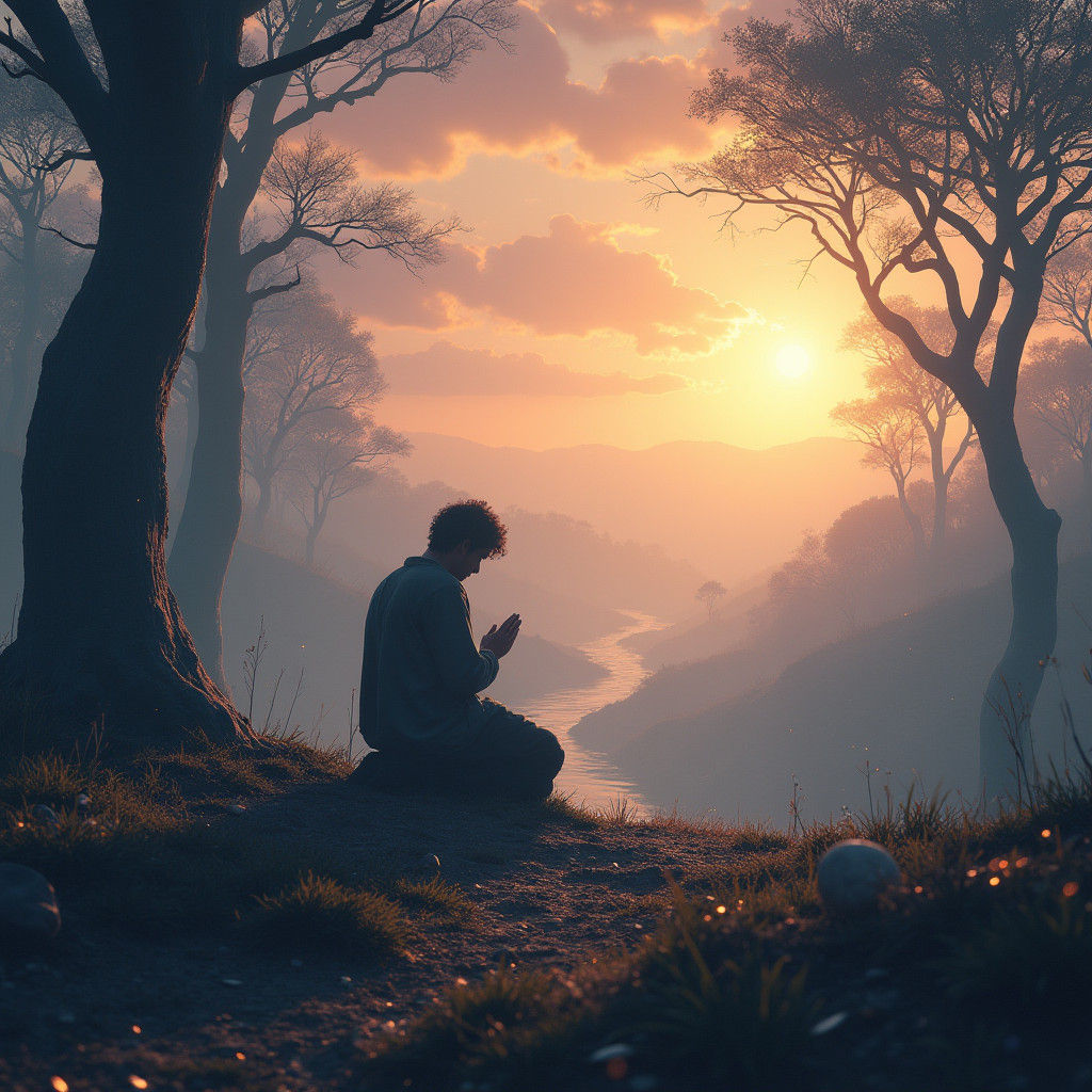 Mystical Prayer in Dreamlike Landscape, Matte Painting
