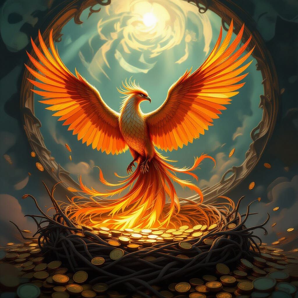 Majestic Phoenix Rises From Molten Gold Nest