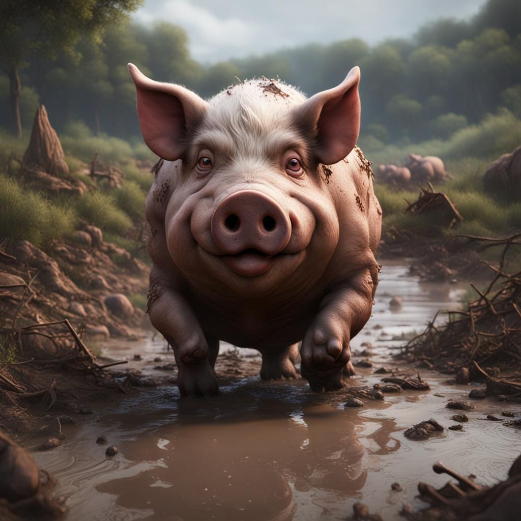 Detailed Matte Painting of a Pig in Mud