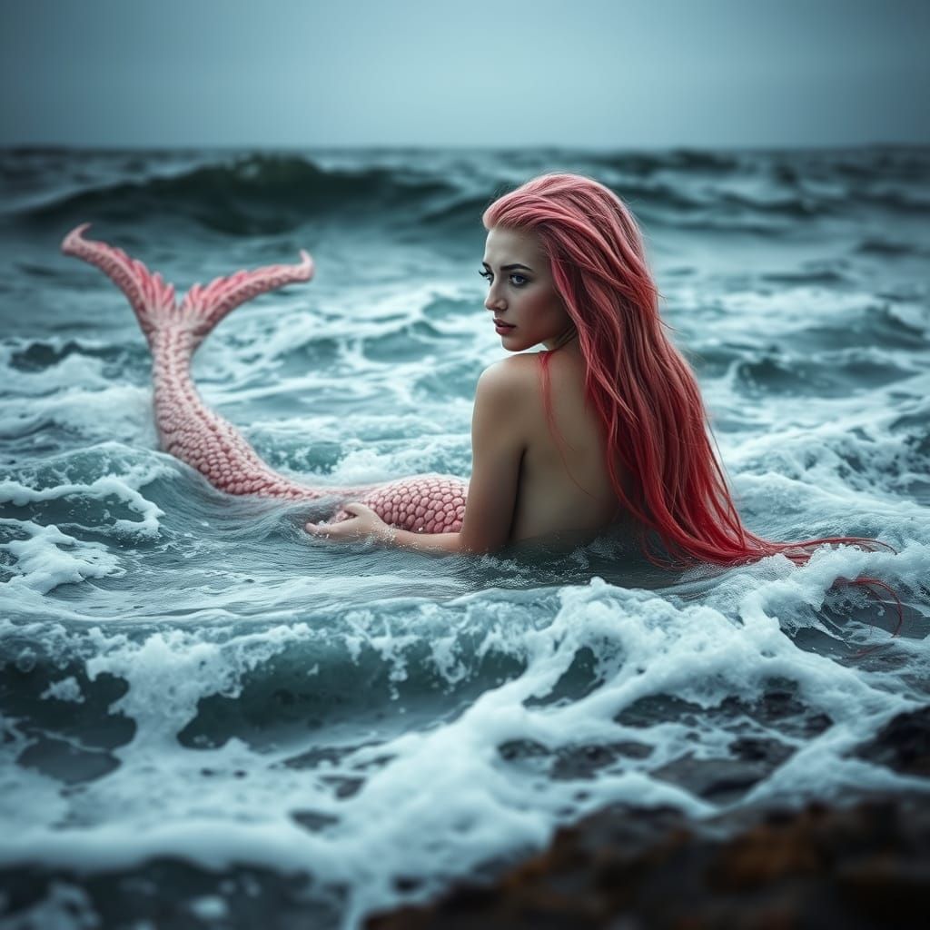Mysterious Mermaid Witch in Stormy Ocean Waters