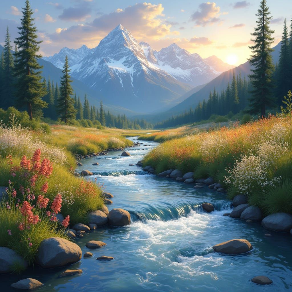 Peaceful Wildflower River Scene in Soft Brushstrokes