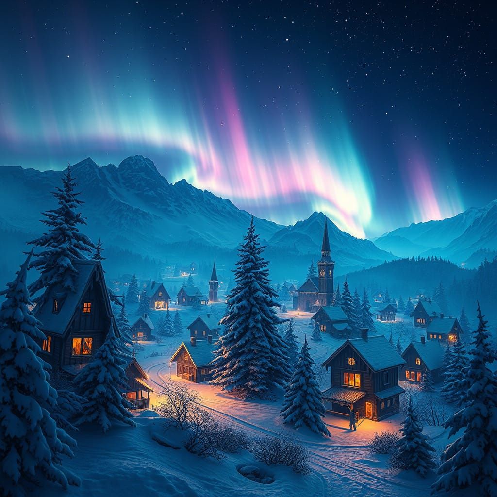 Winter Wonderland Christmas Village Under Celestial Aurora