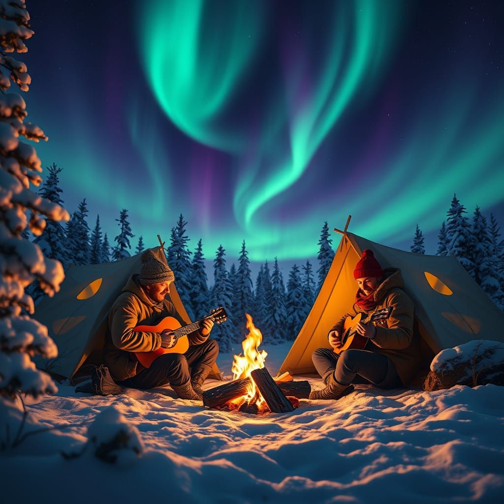 Winter Campsite Under the Northern Lights