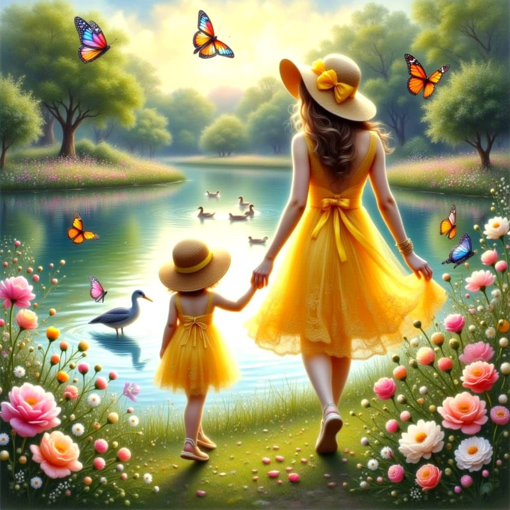 Mother and Child Stroll Through Serene Lake Landscape