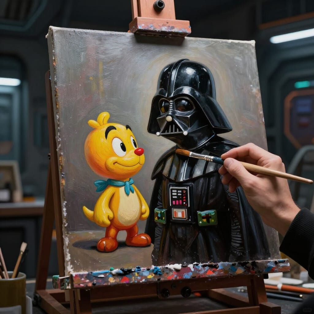 Darth Vader Paints Cartoon Self in Futuristic Studio
