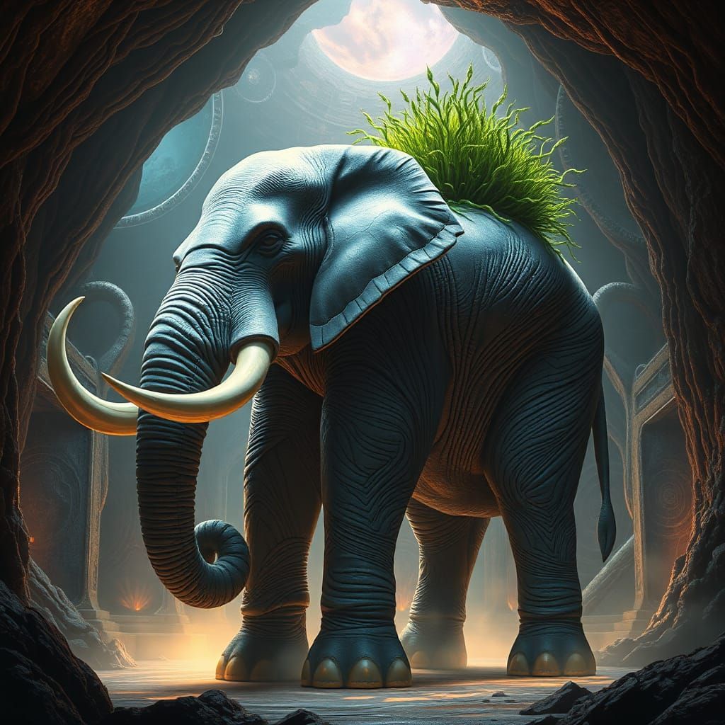 Majestic Elephant-Asparagus Creature in Sci-Fi Cavern