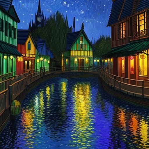 Fantasy Village in Stained Glass, Van Gogh Style