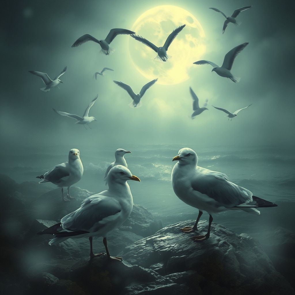 Mystical Seagulls in Moonlit Coastal Mist