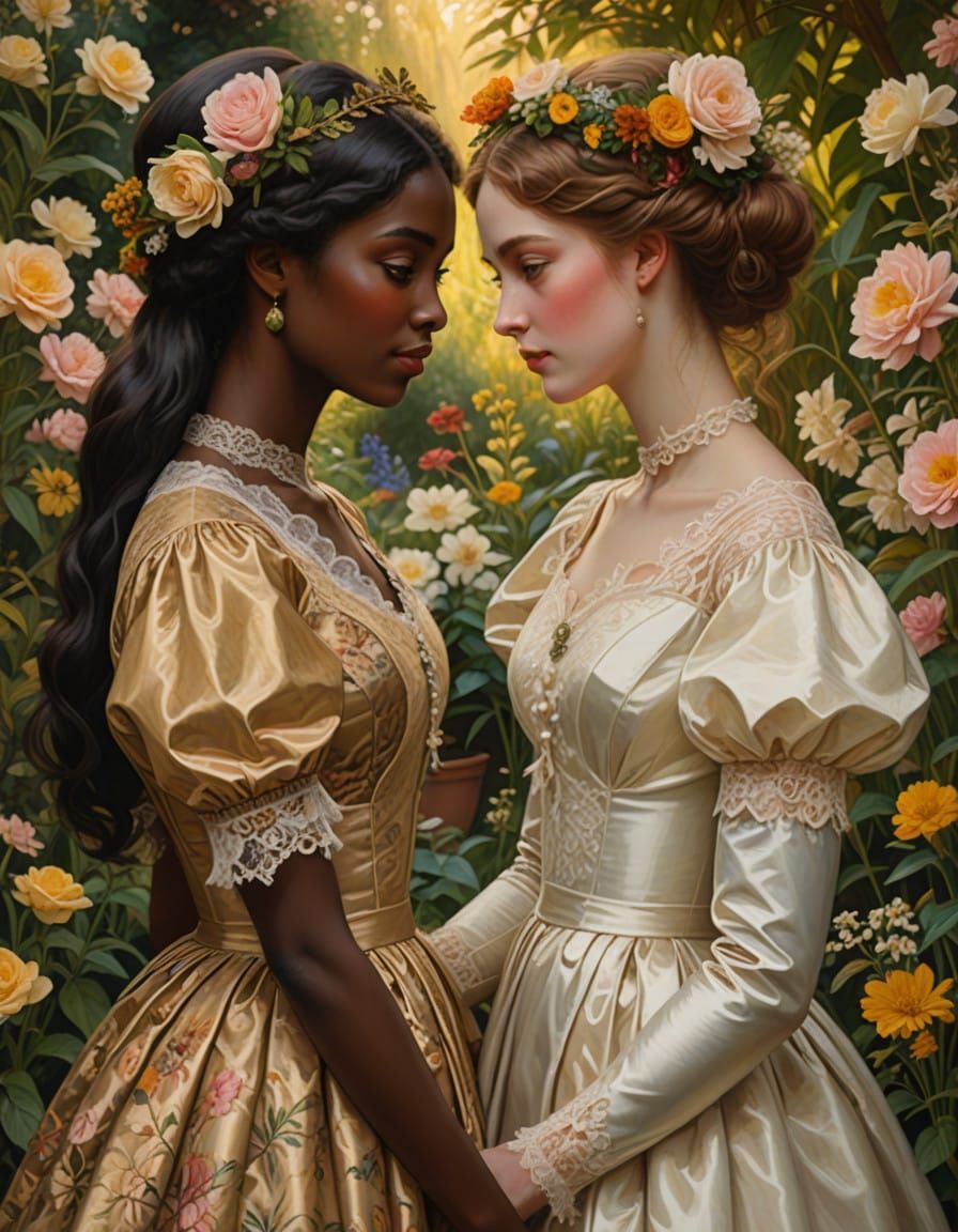 Victorian Women in a Garden, Pre-Raphaelite Style