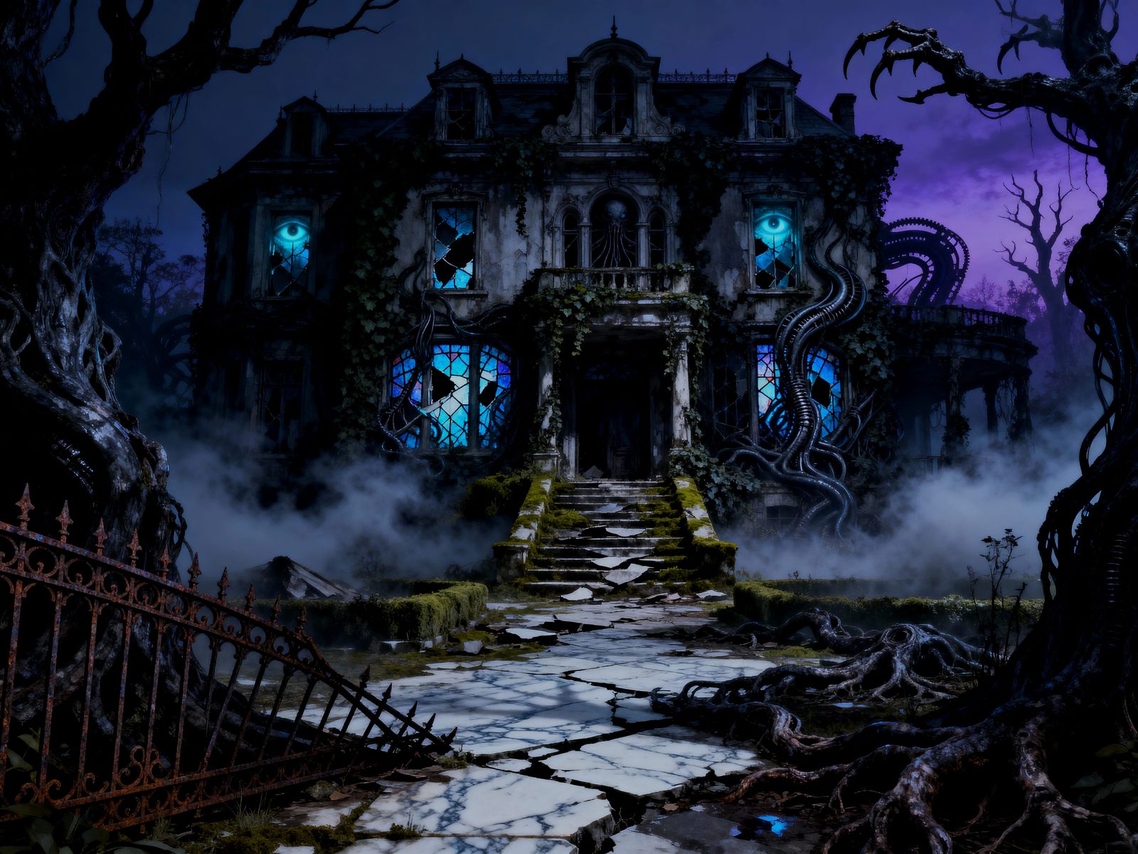 Eerie Victorian Mansion at Twilight with Glowing Eyes