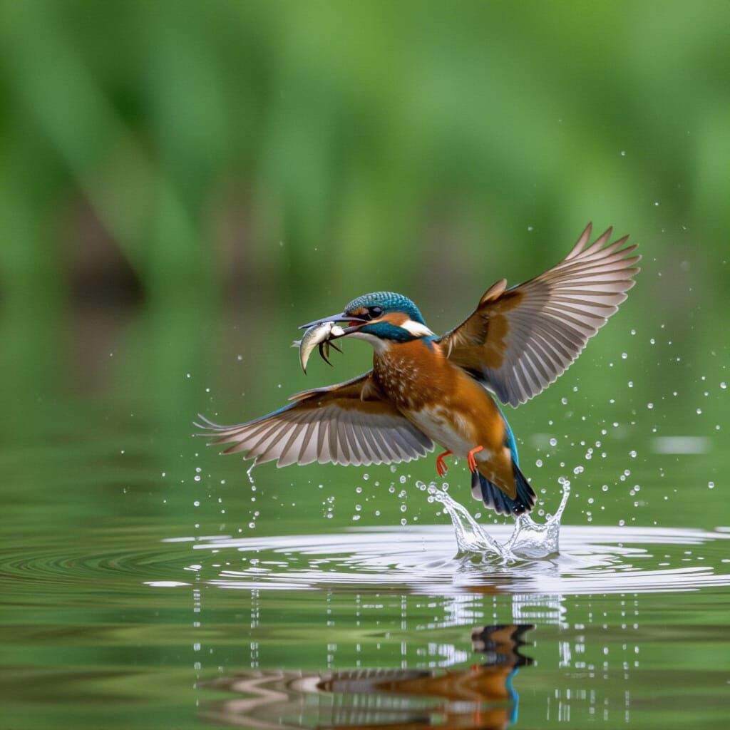 Kingfisher Catches Fish in Scenic River