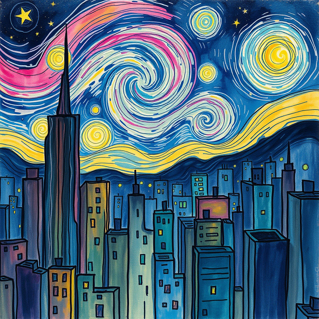 Child's Cosmic Cityscape in Crayon Style