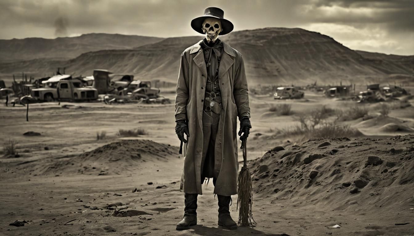 Photorealistic Scarecrow in Wasteland: Sinister Horror