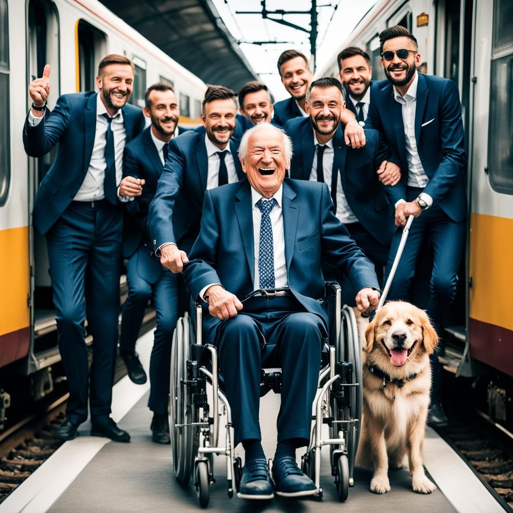 Joyful Train Journey: Elderly Man Traveling with Friends