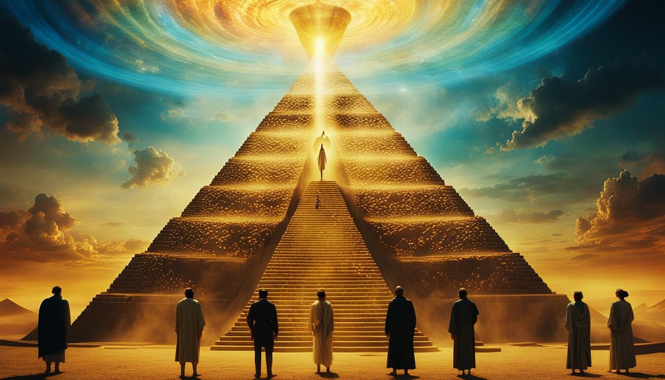 Mystic Pyramid: Spiritual Group in Surreal Landscape