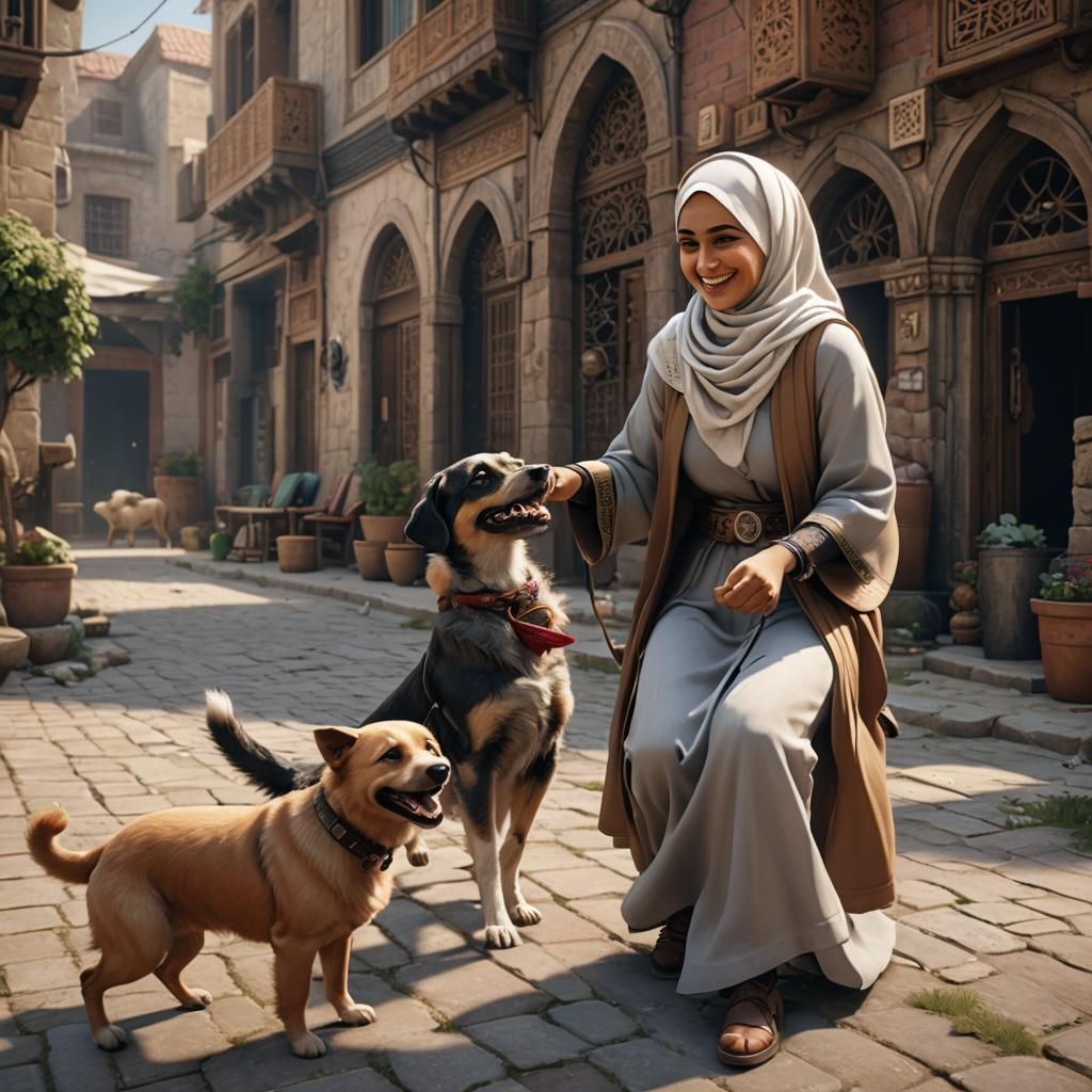 Hijabi Woman Plays with Dog: 3D Game Cinematic